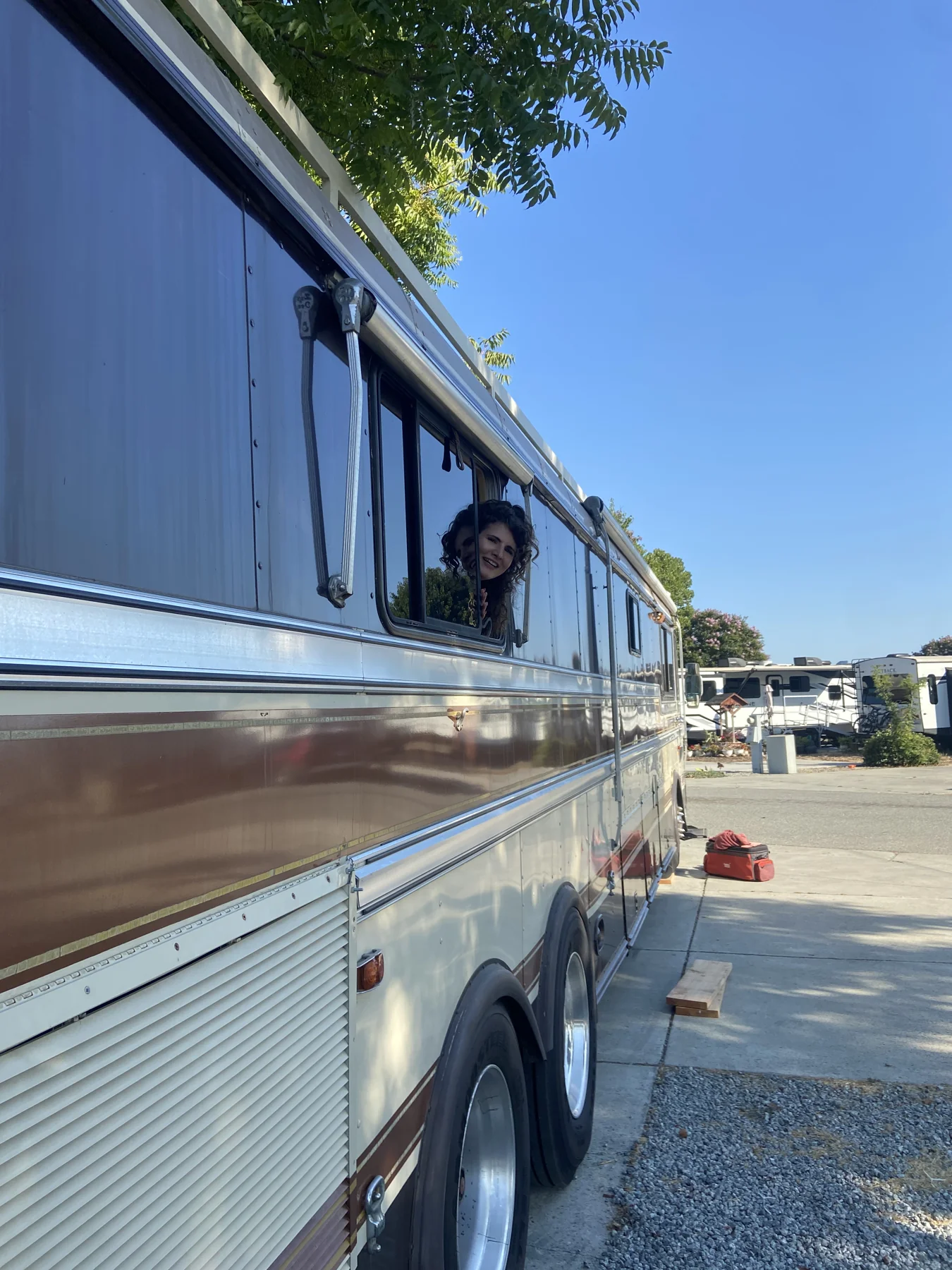 Woodstock’s long striped side with Elli peeking out of a rear window