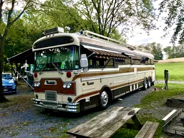 Woodstock parked under leafy trees beside a picnic table